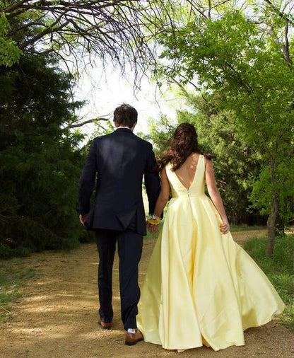 V Neck Prom Dresses Satin Backless Lace up Long Evening Dresses