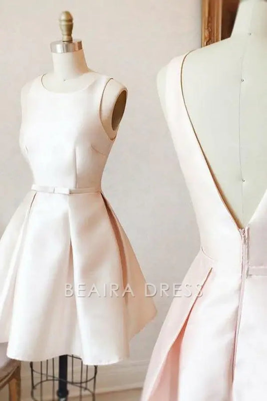 Beaira Simple A-Line Bateau V-Back Short Pearl Pink Satin Homecoming Dress with Sash formal wear dresses