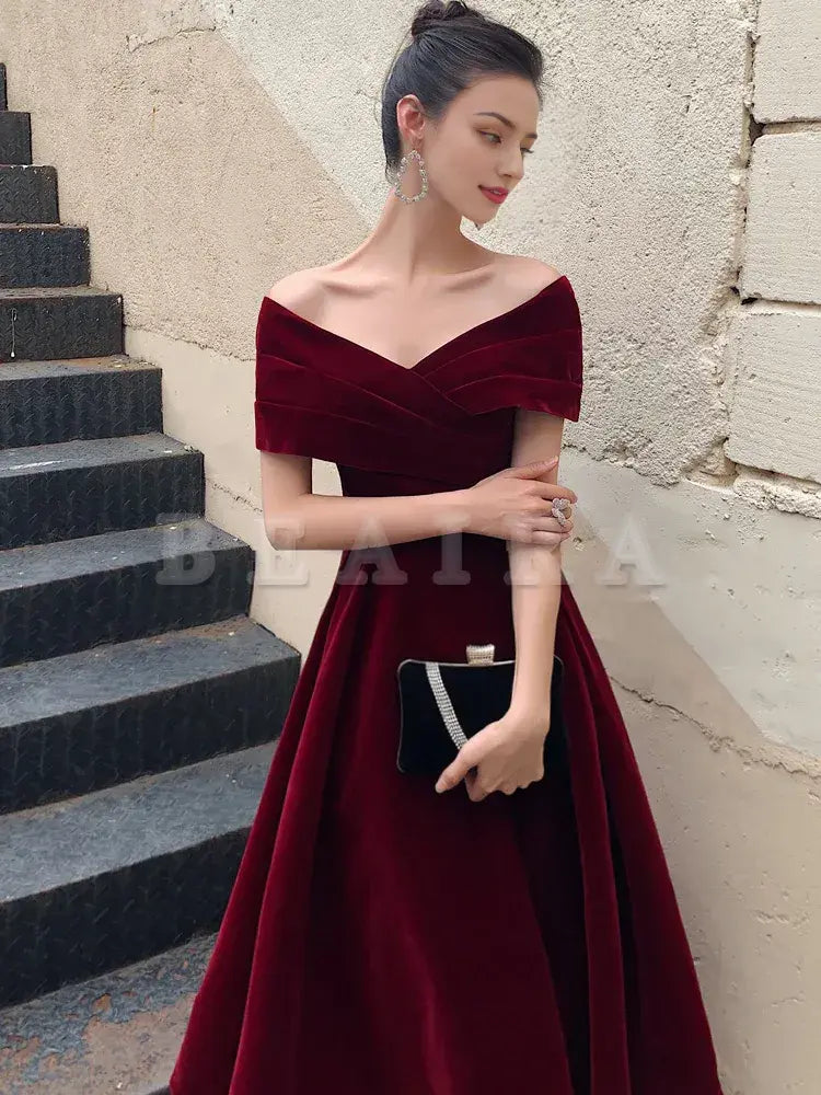 Beaira A-Line Burgundy off Shoulder Tea Length Prom Dress Burgundy Formal Dress Bridesmaid dress shop