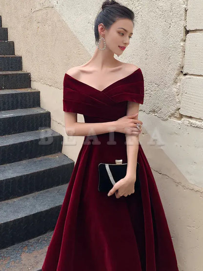 Beaira A-Line Burgundy off Shoulder Tea Length Prom Dress Burgundy Formal Dress Bridesmaid dress shop