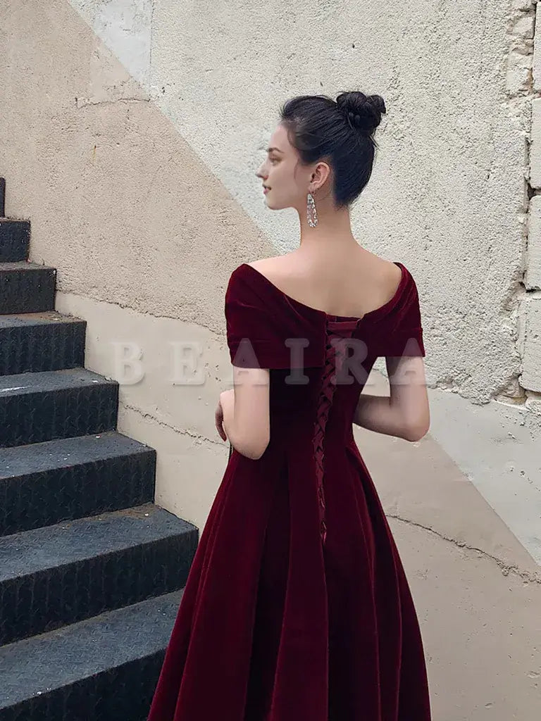 Beaira A-Line Burgundy off Shoulder Tea Length Prom Dress Burgundy Formal Dress Bridesmaid dress shop