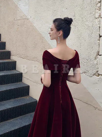 Beaira A-Line Burgundy off Shoulder Tea Length Prom Dress Burgundy Formal Dress Bridesmaid dress shop