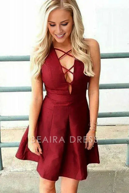 Beaira A-Line Deep V-Neck Sleeveless Lace-up Burgundy Satin Homecoming Dress formal wear dresses
