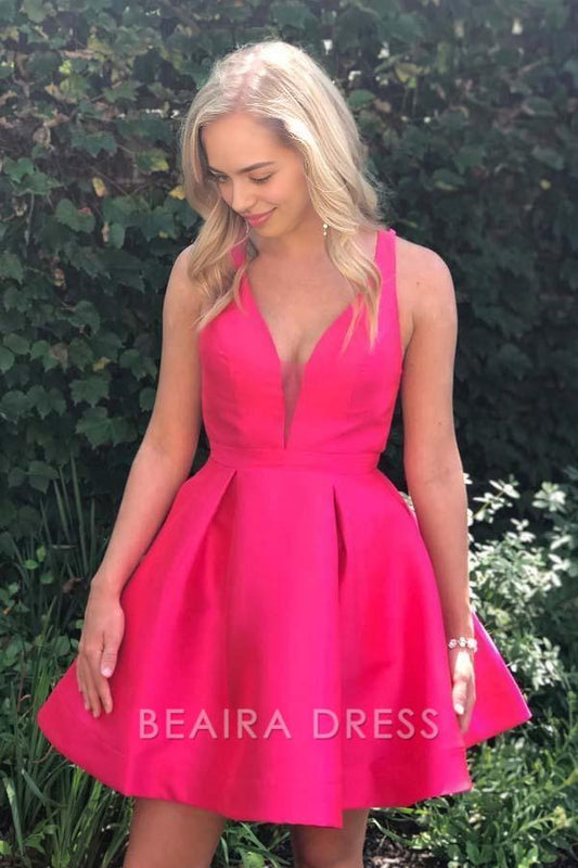 Beaira Simple A-Line Deep V-Neck Straps Above-Knee Fuchsia Satin Homecoming Dress formal wear dresses