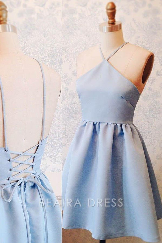 Beaira A-Line Halter Above-Knee Lace-Up Blue Stretch Satin Homecoming Dress formal wear dresses