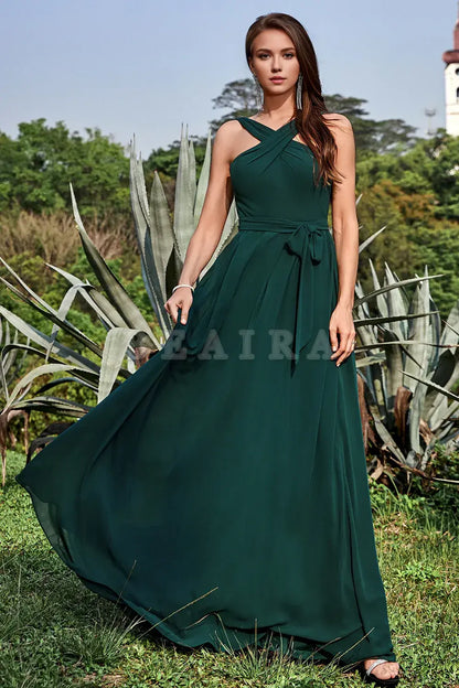 Beaira A-Line Halter Floor-Length Pine Chiffon Bridesmaid Dress Bridesmaid dress shop