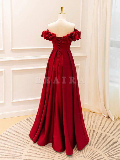 Beaira A-Line Off Shoulder Satin Burgundy Long Prom Dress Burgundy Evening Dresses Bridesmaid dress shop