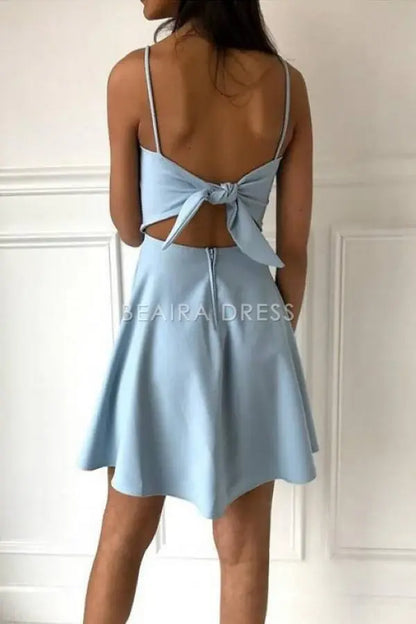 Beaira A-Line Spaghetti Straps Above-Knee Light Blue Satin Homecoming Dress formal wear dresses