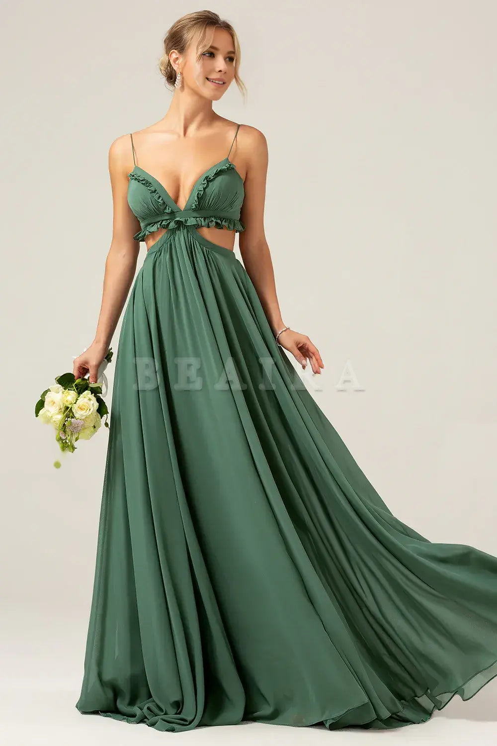 Beaira A-Line Spaghetti Straps Backless Chiffon Eucalyptus Long Bridesmaid Dress Bridesmaid dress shop