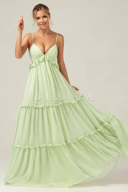Beaira A-Line Spaghetti Straps Backless Long Green Bridesmaid Dress With Ruffles Bridesmaid dress shop