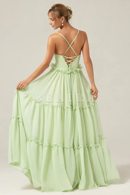 Beaira A-Line Spaghetti Straps Backless Long Green Bridesmaid Dress With Ruffles Bridesmaid dress shop