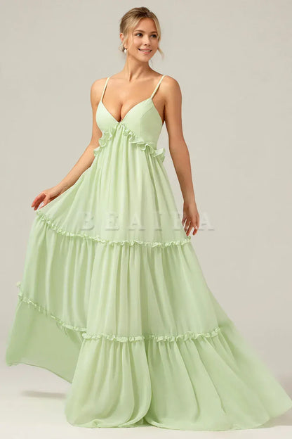 Beaira A-Line Spaghetti Straps Backless Long Green Bridesmaid Dress With Ruffles Bridesmaid dress shop
