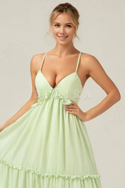 Beaira A-Line Spaghetti Straps Backless Long Green Bridesmaid Dress With Ruffles Bridesmaid dress shop