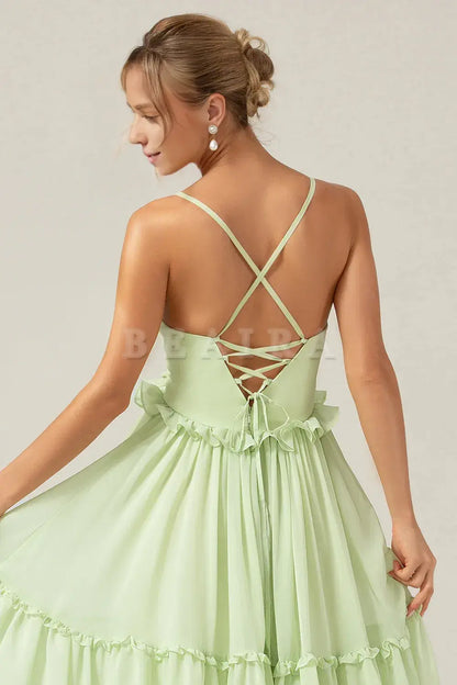 Beaira A-Line Spaghetti Straps Backless Long Green Bridesmaid Dress With Ruffles Bridesmaid dress shop