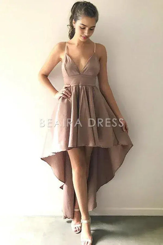 Beaira Simple A-Line Spaghetti Straps High Low Blush Satin Homecoming Dress formal wear dresses