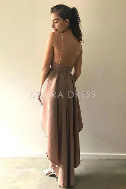 Beaira Simple A-Line Spaghetti Straps High Low Blush Satin Homecoming Dress formal wear dresses