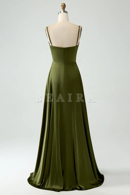 Beaira A-Line Spaghetti Straps Long Olive Bridesmaid Dress With Slit Bridesmaid dress shop