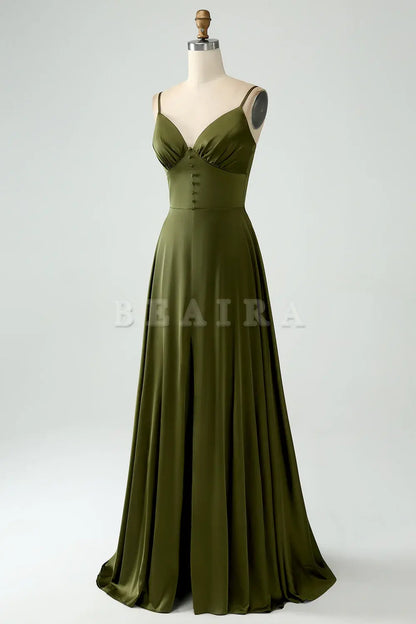 Beaira A-Line Spaghetti Straps Long Olive Bridesmaid Dress With Slit Bridesmaid dress shop