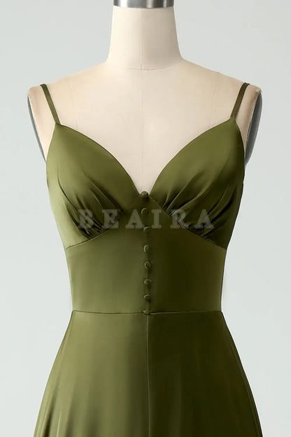 Beaira A-Line Spaghetti Straps Long Olive Bridesmaid Dress With Slit Bridesmaid dress shop