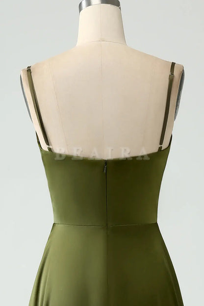 Beaira A-Line Spaghetti Straps Long Olive Bridesmaid Dress With Slit Bridesmaid dress shop
