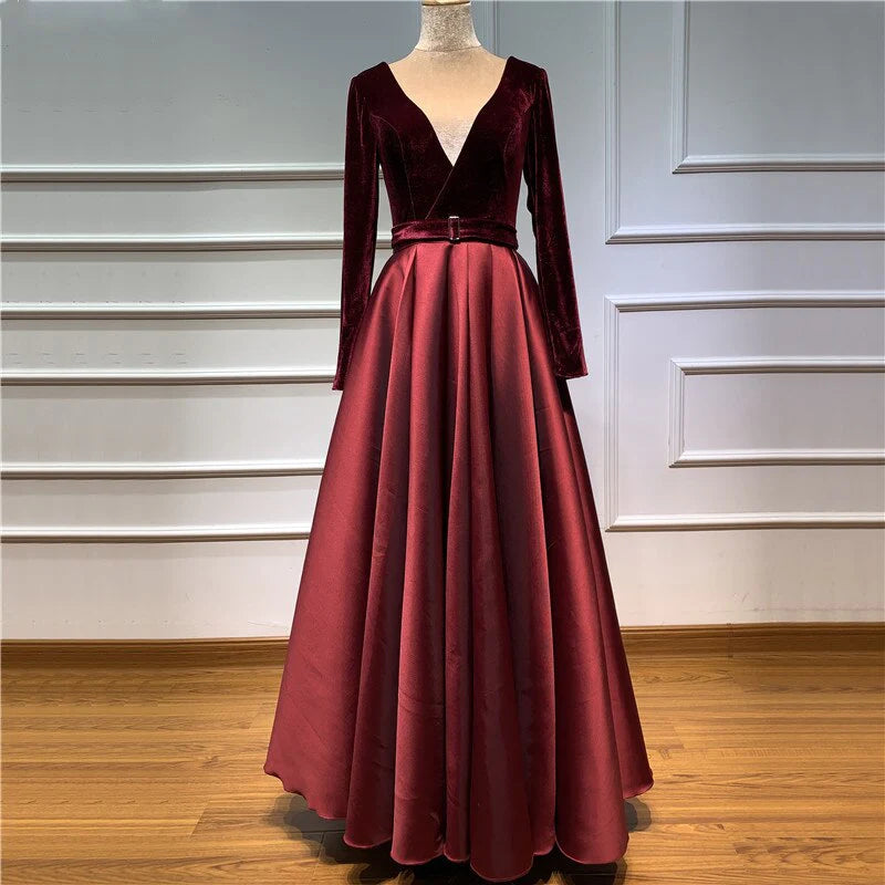 A line Long Sleeve Burgundy Prom Dresses Satin Deep V Neck High Slit Evening Dress