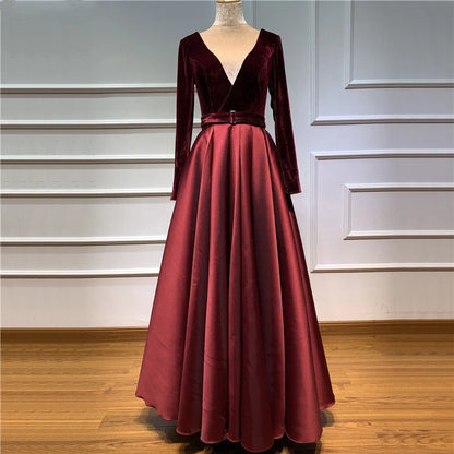 A line Long Sleeve Burgundy Prom Dresses Satin Deep V Neck High Slit Evening Dress