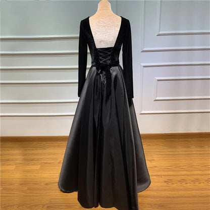 A line Long Sleeve Burgundy Prom Dresses Satin Deep V Neck High Slit Evening Dress