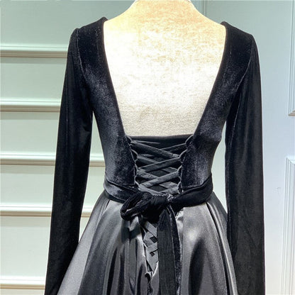 A line Long Sleeve Burgundy Prom Dresses Satin Deep V Neck High Slit Evening Dress