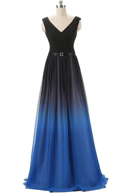 A line Royal Blue Black Gradient Bridesmaid Dresses Ombre Chiffon Lace up Prom Dresses