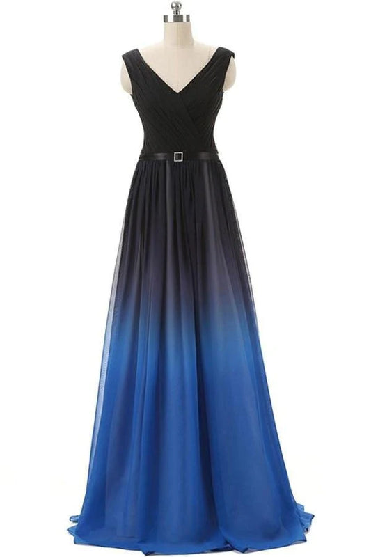 A line Royal Blue Black Gradient Bridesmaid Dresses Ombre Chiffon Lace up Prom Dresses