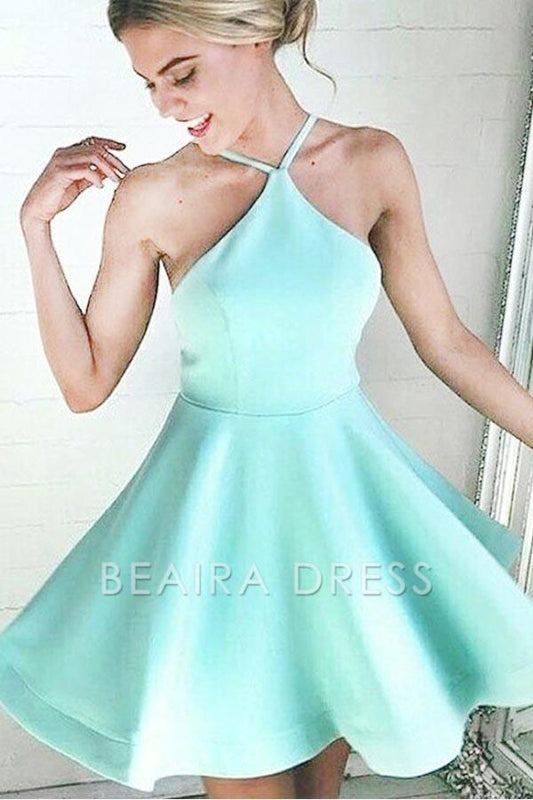 Beaira A-line Halter Short Mint Satin Homecoming Dress with Ruched formal wear dresses