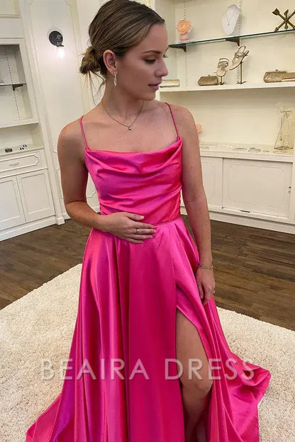 Beaira A-line Spaghetti Straps Corset Back Prom Dress - Hot Pink