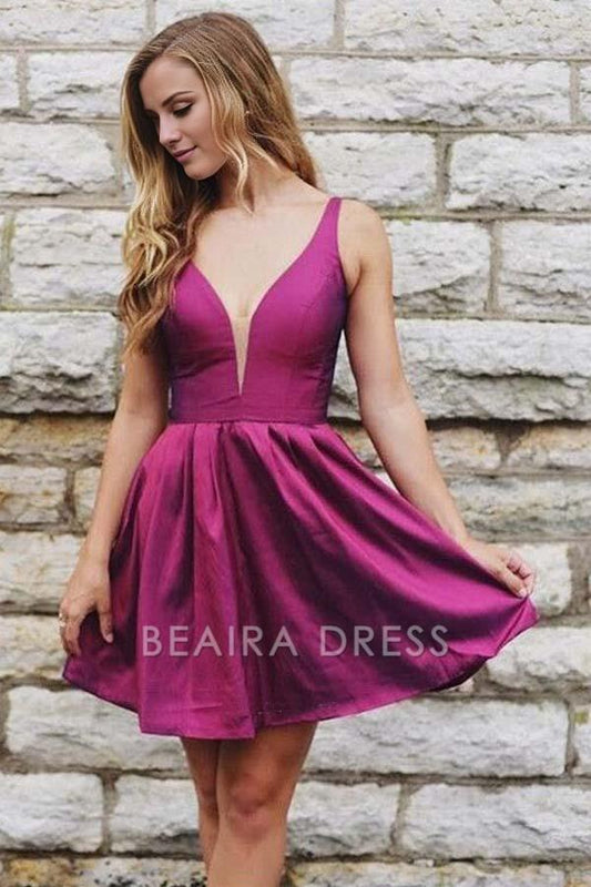 Beaira A Line Cute V Neck Backless Taffeta Rose Red Short Homecoming Dresses formal wear dresses