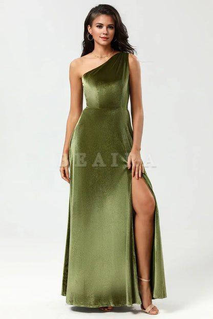 Beaira A Line One Shoulder Floor-Length Velvet Bridesmaid Dress with Slit Bridesmaid dress shop