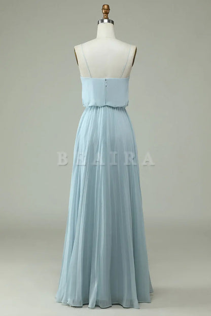 Beaira A Line Spaghetti Straps Sky Blue Chiffon Long Bridesmaid Dress Bridesmaid dress shop