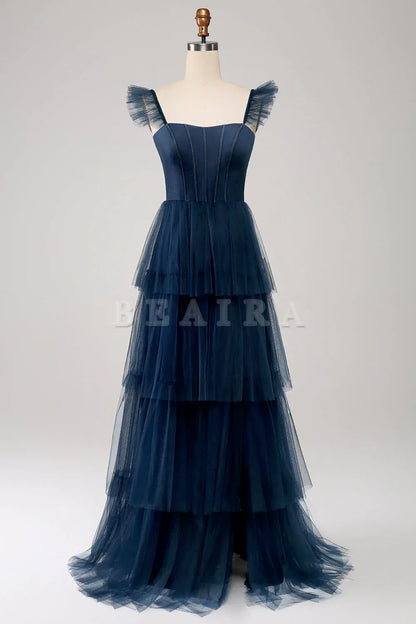 Beaira A Line Spaghetti Straps Tiered Tulle Long Navy Bridesmaid Dress With Slit Bridesmaid dress shop