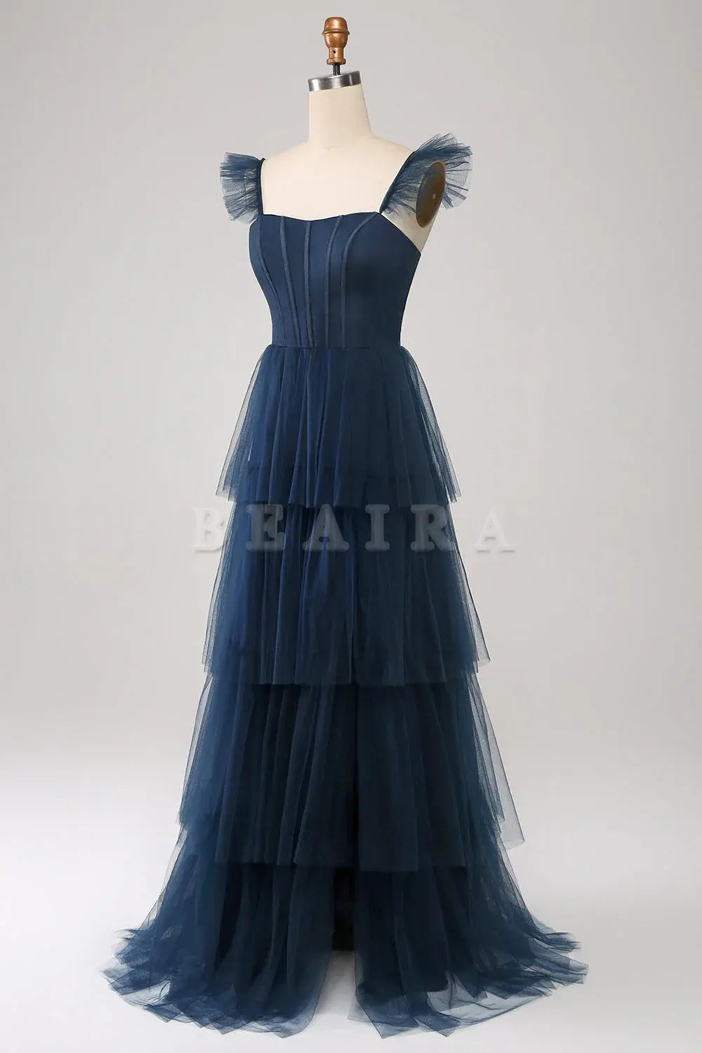 Beaira A Line Spaghetti Straps Tiered Tulle Long Navy Bridesmaid Dress With Slit Bridesmaid dress shop