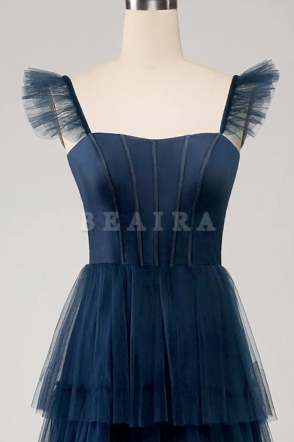 Beaira A Line Spaghetti Straps Tiered Tulle Long Navy Bridesmaid Dress With Slit Bridesmaid dress shop