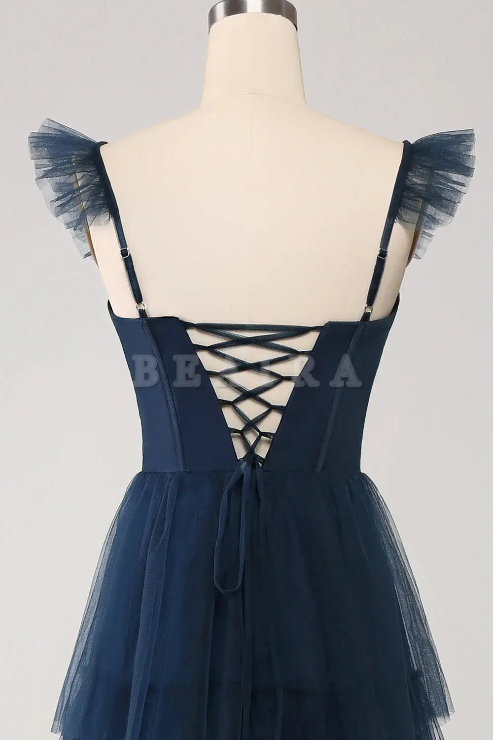 Beaira A Line Spaghetti Straps Tiered Tulle Long Navy Bridesmaid Dress With Slit Bridesmaid dress shop