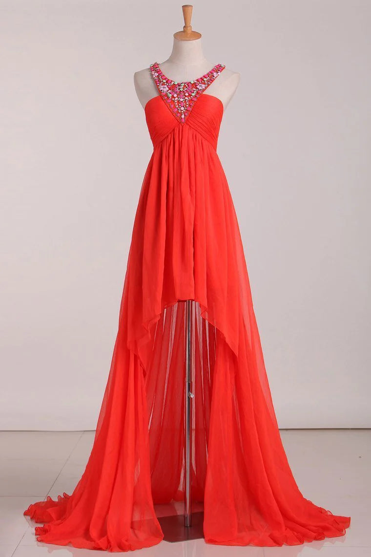 Asymmetrical A Line Party Dresses Scoop With Beading Chiffon