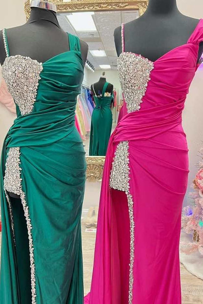 Asymmetrical Magenta Beaded Long Prom Dress with Attached Train