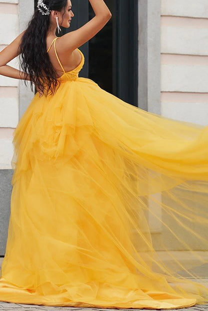 Prom Dresses A Line Tulle V Neck With Beads And Ruffles