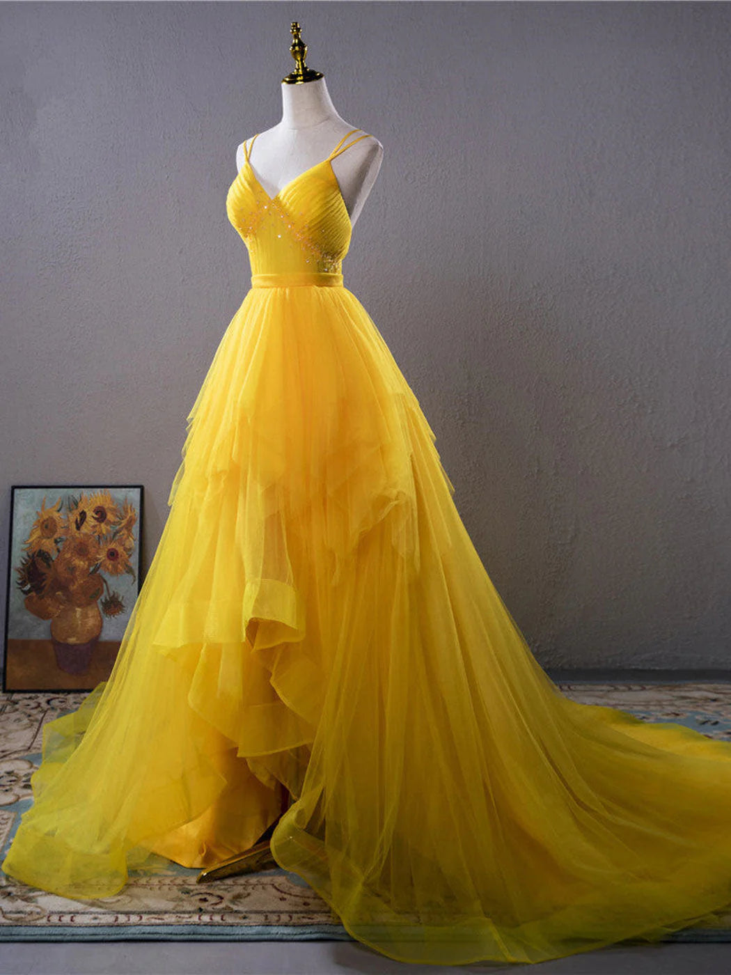 Prom Dresses A Line Tulle V Neck With Beads And Ruffles