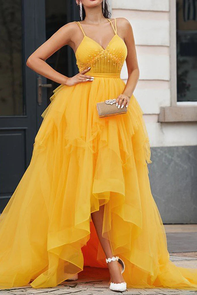 Prom Dresses A Line Tulle V Neck With Beads And Ruffles