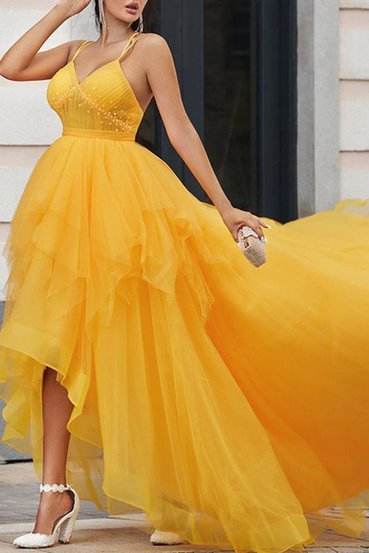 Prom Dresses A Line Tulle V Neck With Beads And Ruffles