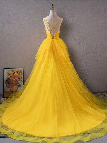 Prom Dresses A Line Tulle V Neck With Beads And Ruffles