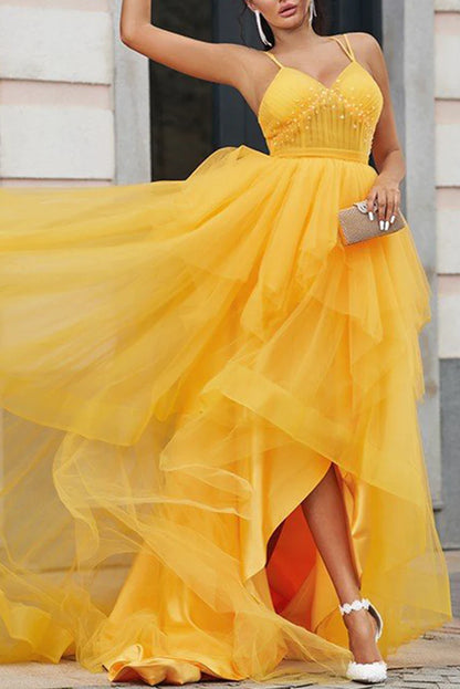 Prom Dresses A Line Tulle V Neck With Beads And Ruffles