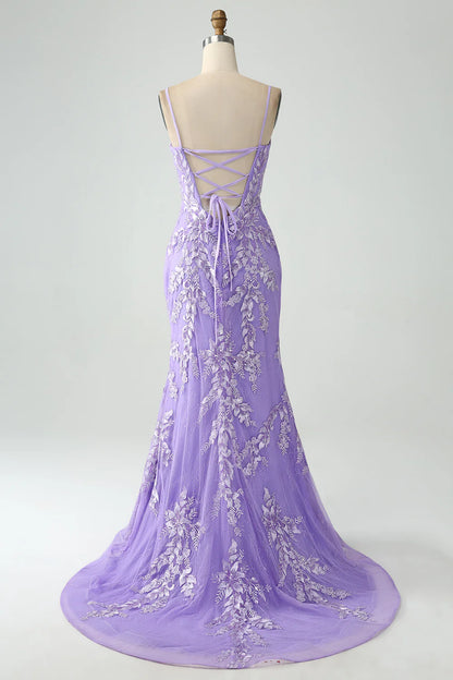 Mermaid Lilac Spaghetti Straps Long Prom Dress with Appliques