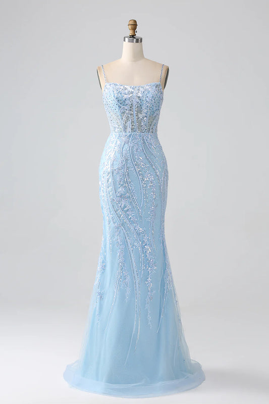 Beaira Sky Blue Sparkly Mermaid Corset Prom Dress with Sequins
