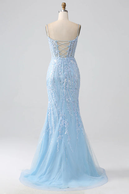 Beaira Sky Blue Sparkly Mermaid Corset Prom Dress with Sequins